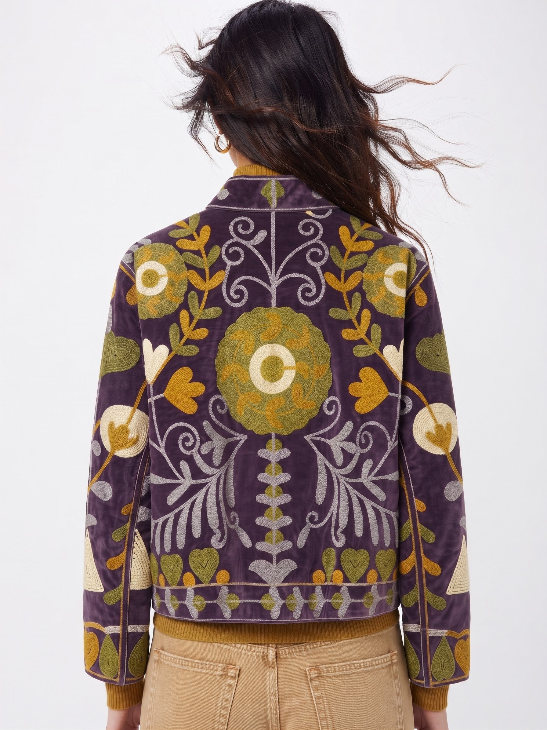 Velvet Embroidered Folk Floral Reversible Jacket with Pockets - Purple