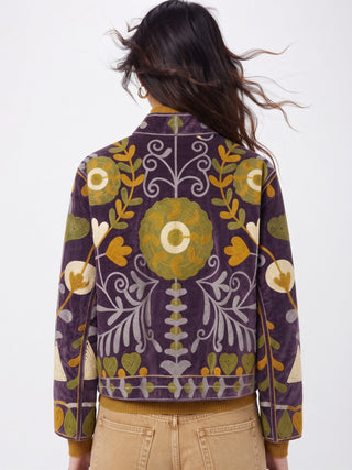 Velvet Embroidered Folk Floral Reversible Jacket with Pockets - Purple