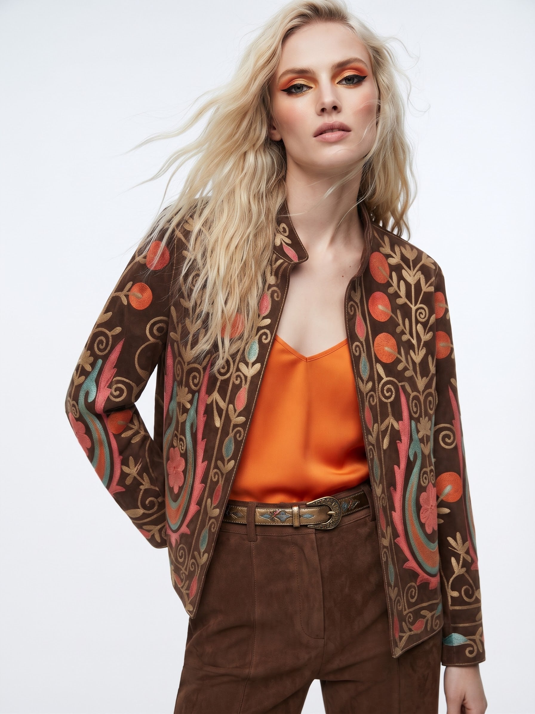 Velvet Embroidered Folk Floral Reversible Jacket with Pockets- Burnt Orange