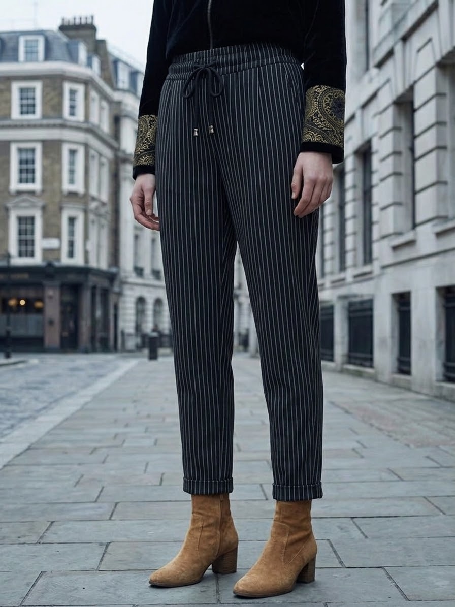 The Italian Pinstripe Drawstring Pull-On Pant- Black