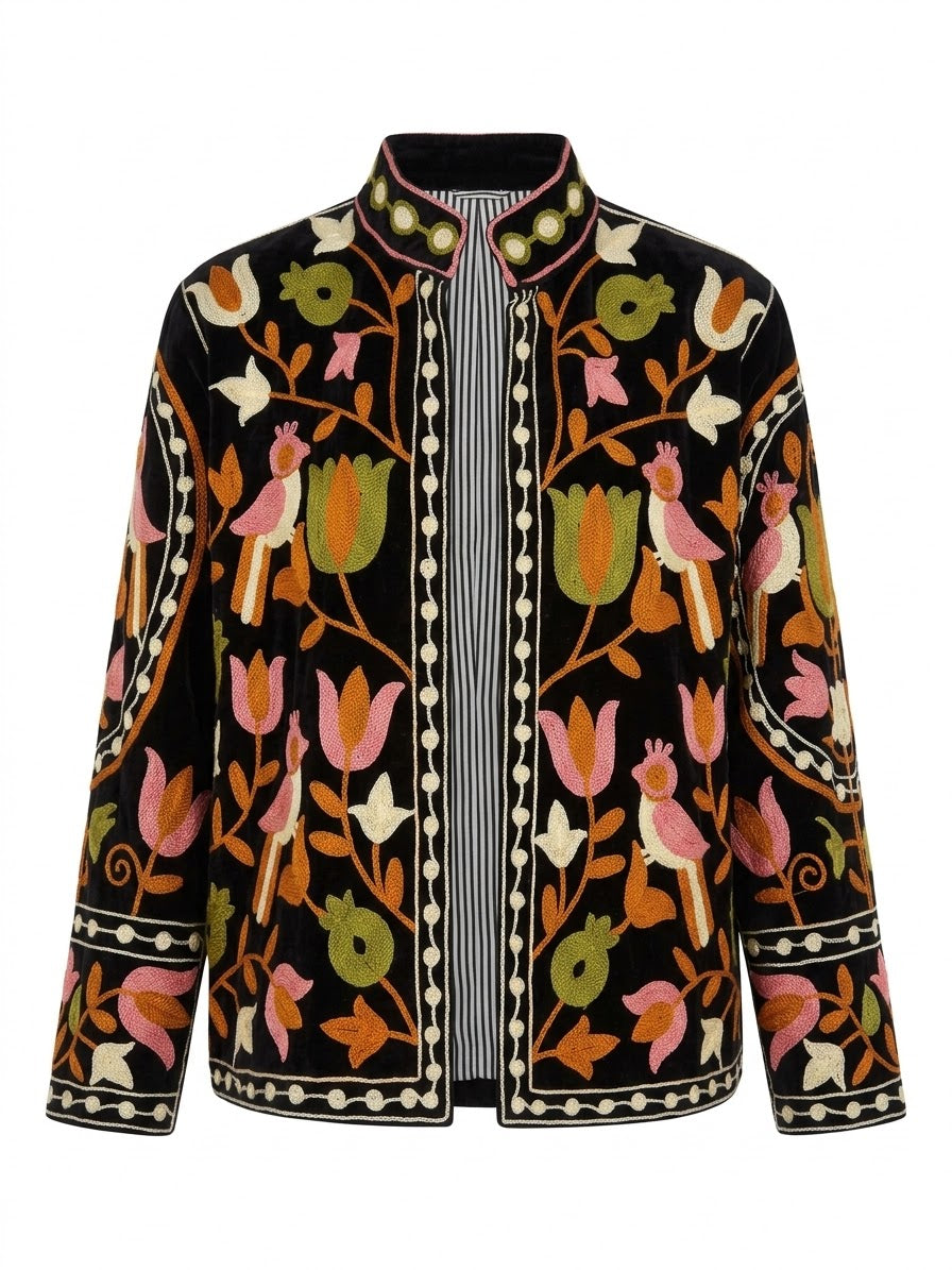 Velvet Embroidered Bird & Floral Reversible Jacket with Pockets - Black