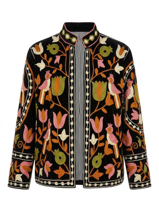Velvet Embroidered Bird & Floral Reversible Jacket with Pockets - Black