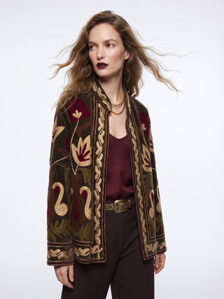 Velvet Embroidered Folk Floral Reversible Jacket with Pockets - Burgundy