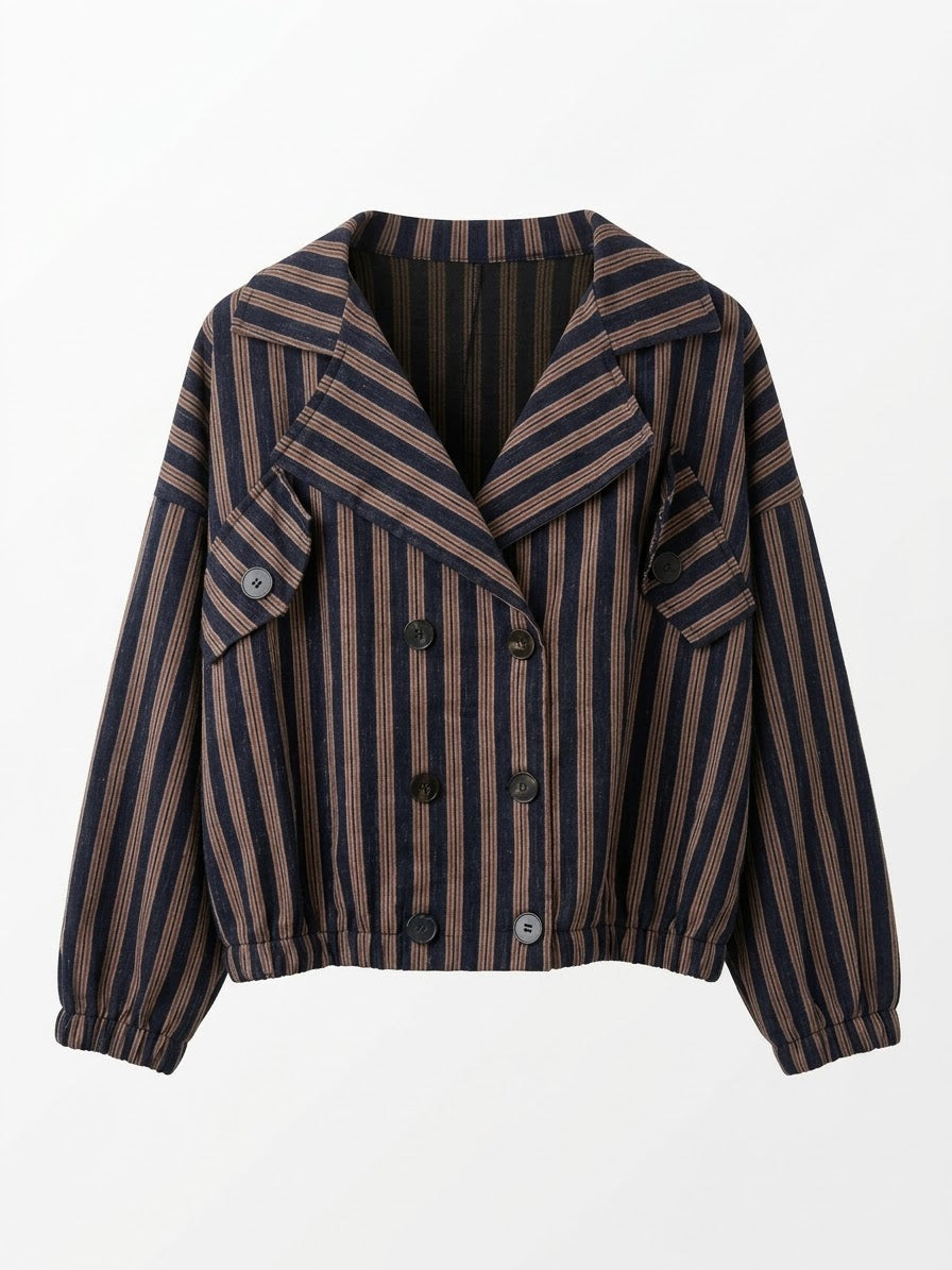 Double-Breasted Pinstripe Crop Jacket - Navy/Brown