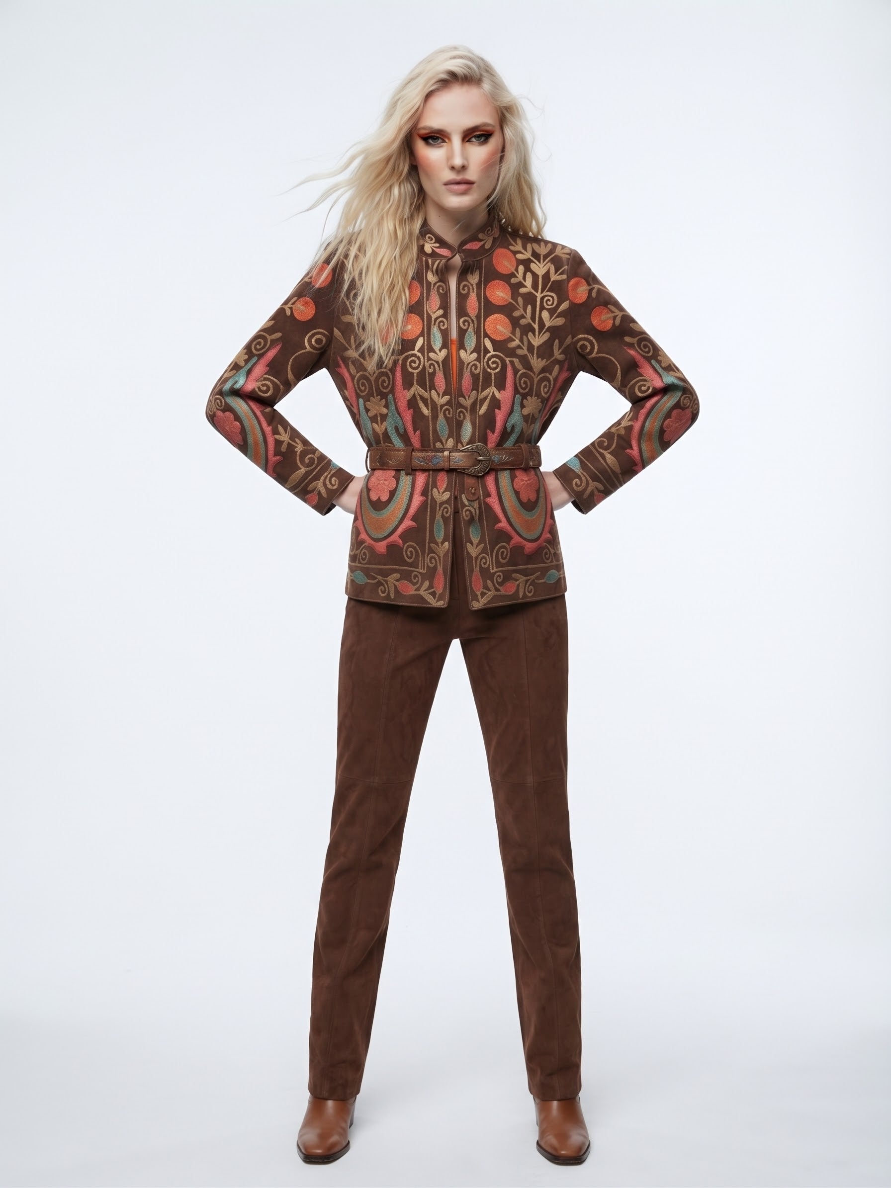 Velvet Embroidered Folk Floral Reversible Jacket with Pockets- Burnt Orange