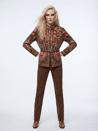 Velvet Embroidered Folk Floral Reversible Jacket with Pockets- Burnt Orange