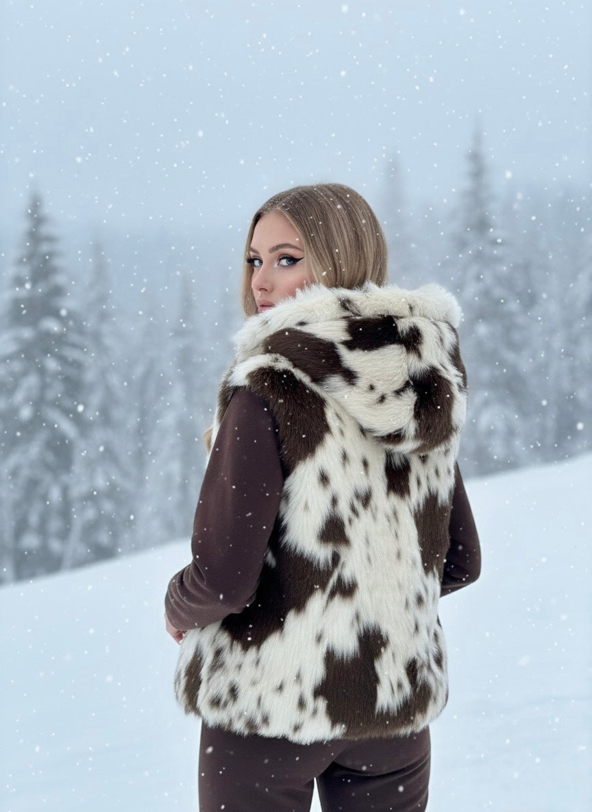 Faux Fur Cow Print Hooded Vest