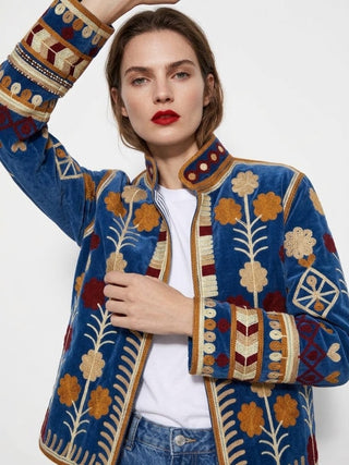 Velvet Embroidered Folk Floral Reversible Jacket with Pockets - Royal Blue