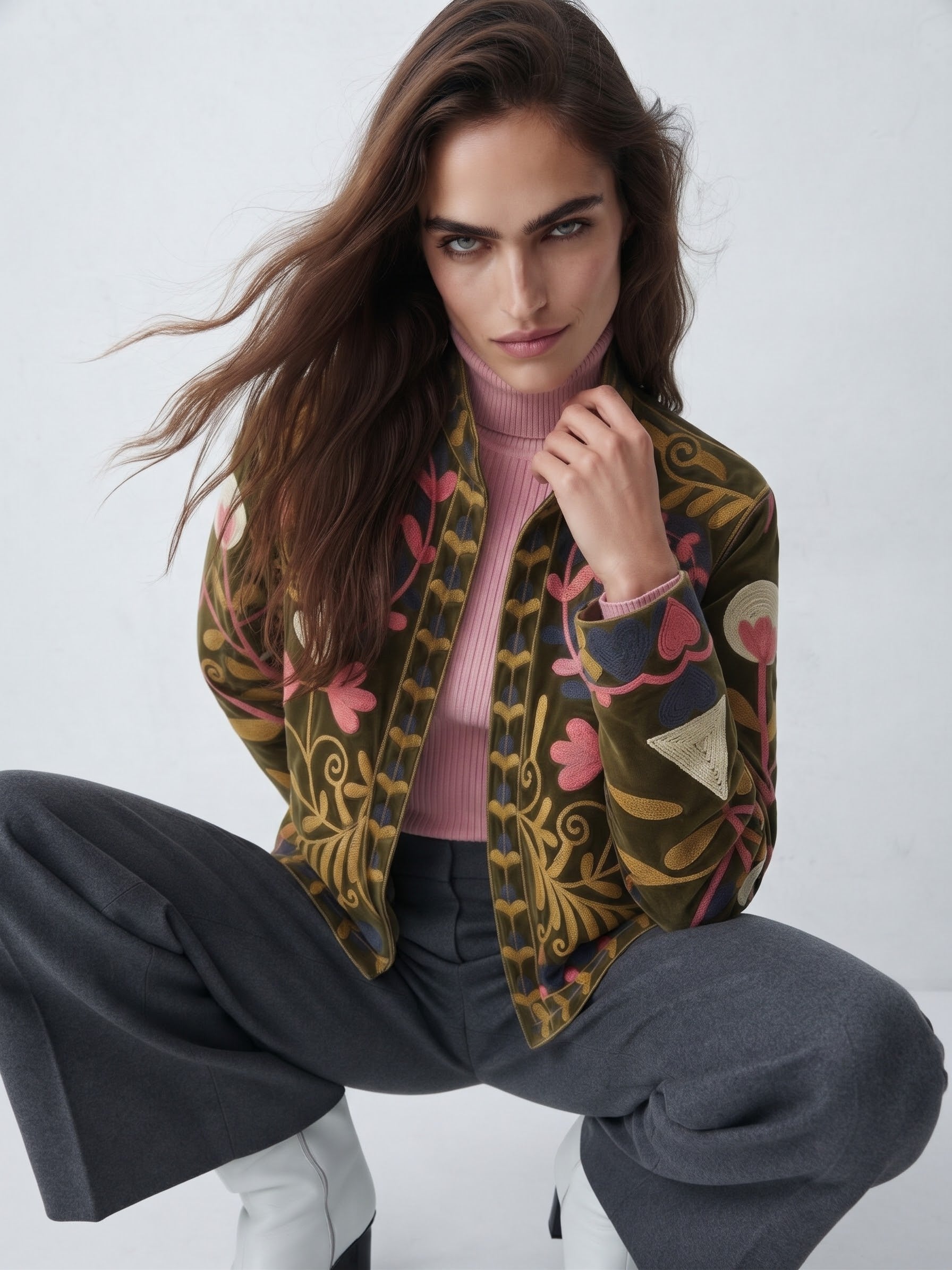 Velvet Embroidered Folk Floral Reversible Jacket with Pockets - Olive& pink