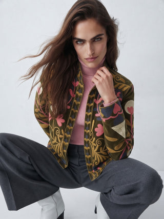 Velvet Embroidered Folk Floral Reversible Jacket with Pockets - Olive& pink