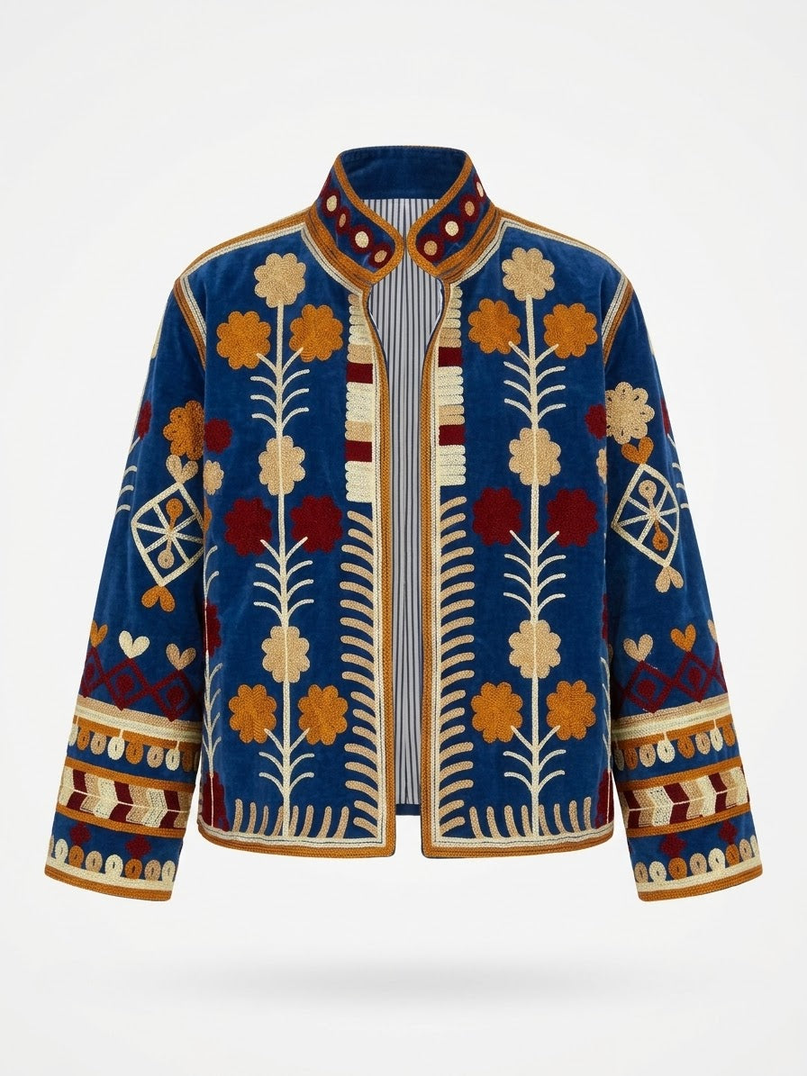 Velvet Embroidered Folk Floral Reversible Jacket with Pockets - Royal Blue