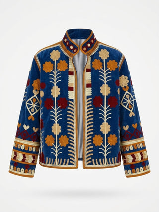 Velvet Embroidered Folk Floral Reversible Jacket with Pockets - Royal Blue
