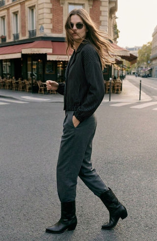 Double-Breasted Pinstripe Crop Jacket - Black