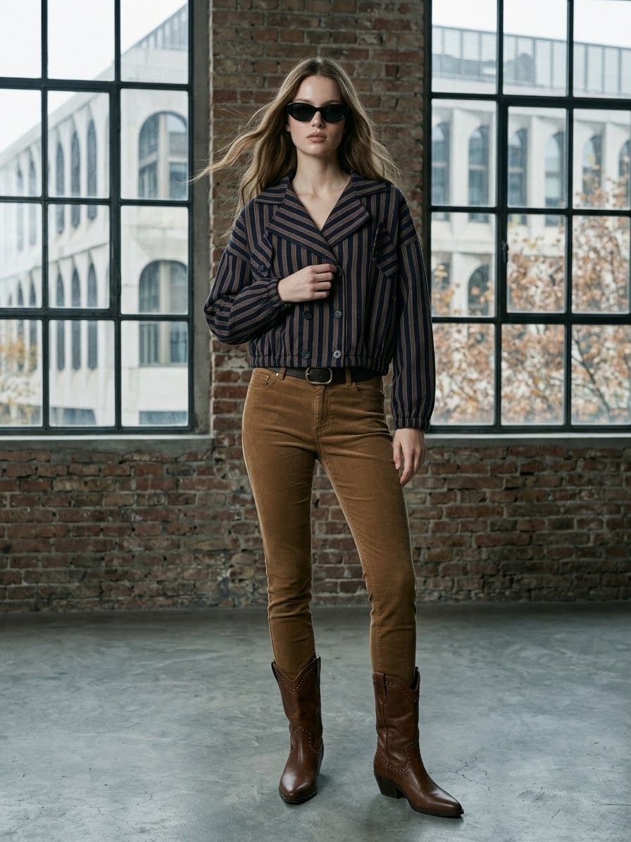 Double-Breasted Pinstripe Crop Jacket - Navy/Brown