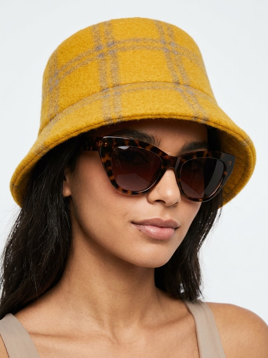 Wool Plaid Bucket Hat - Mustard Yellow
