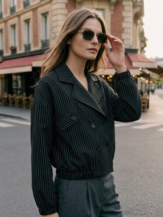 Double-Breasted Pinstripe Crop Jacket - Black