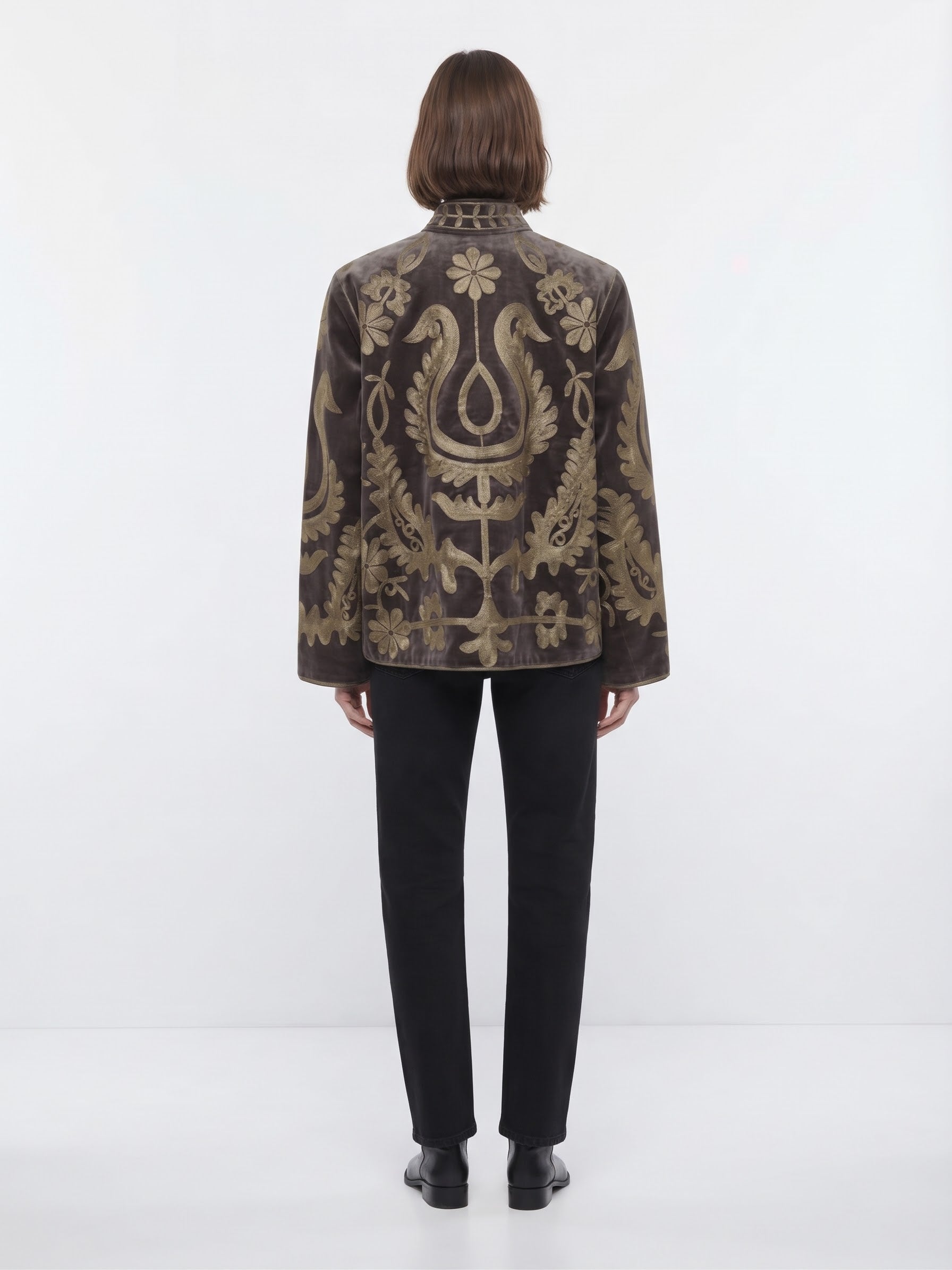Velvet Embroidered Folk Floral Reversible Jacket with Pockets - Taupe