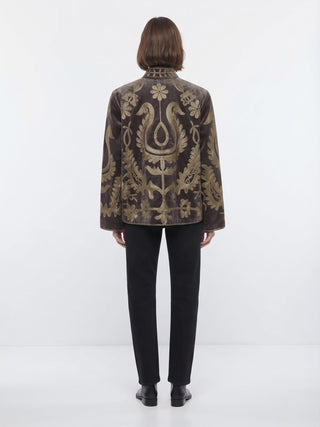 Velvet Embroidered Folk Floral Reversible Jacket with Pockets - Taupe