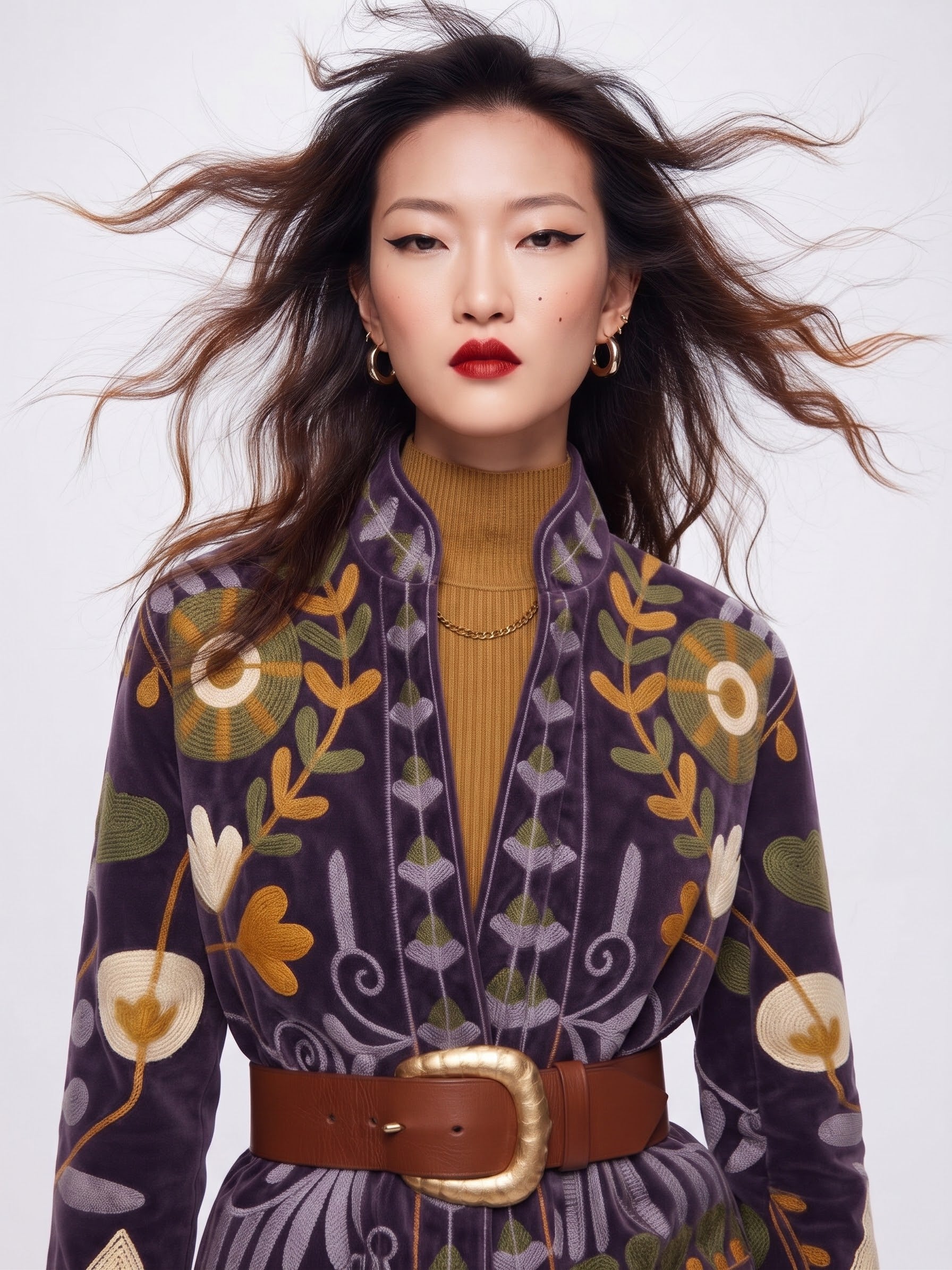 Velvet Embroidered Folk Floral Reversible Jacket with Pockets - Purple