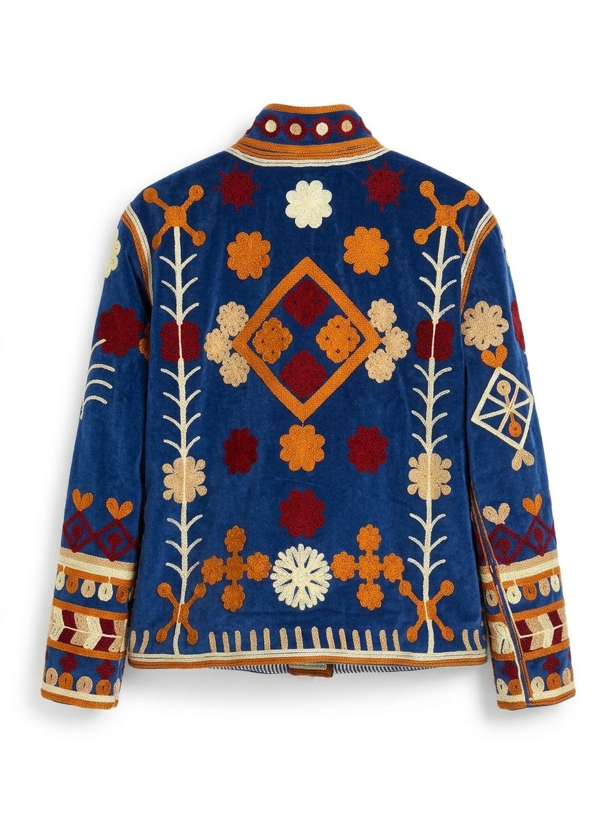 Velvet Embroidered Folk Floral Reversible Jacket with Pockets - Royal Blue