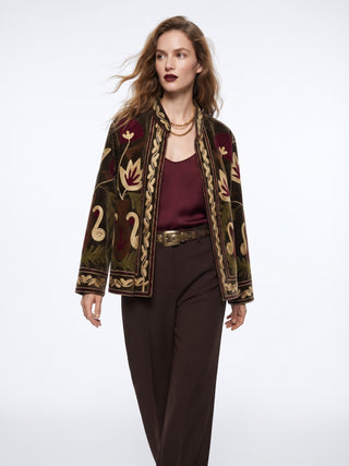 Velvet Embroidered Folk Floral Reversible Jacket with Pockets - Burgundy