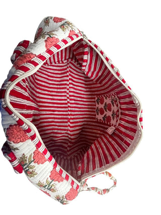Red Floral Pattern Cotton Quilted Duffle Bag