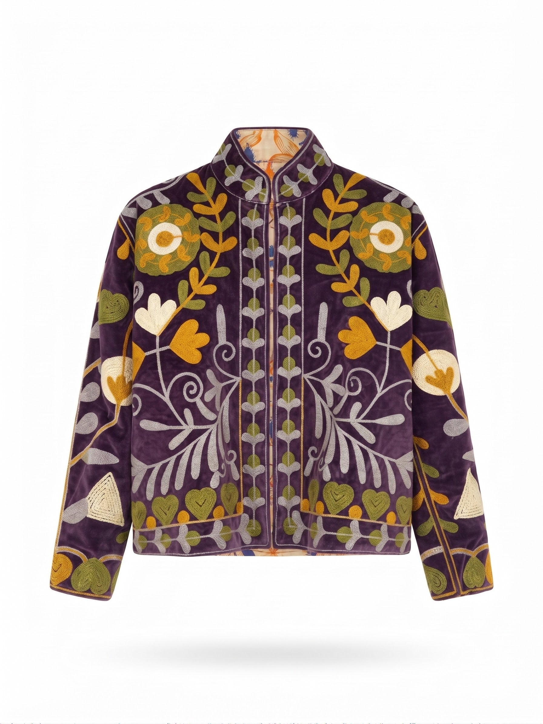 Velvet Embroidered Folk Floral Reversible Jacket with Pockets - Purple