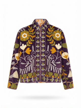 Velvet Embroidered Folk Floral Reversible Jacket with Pockets - Purple