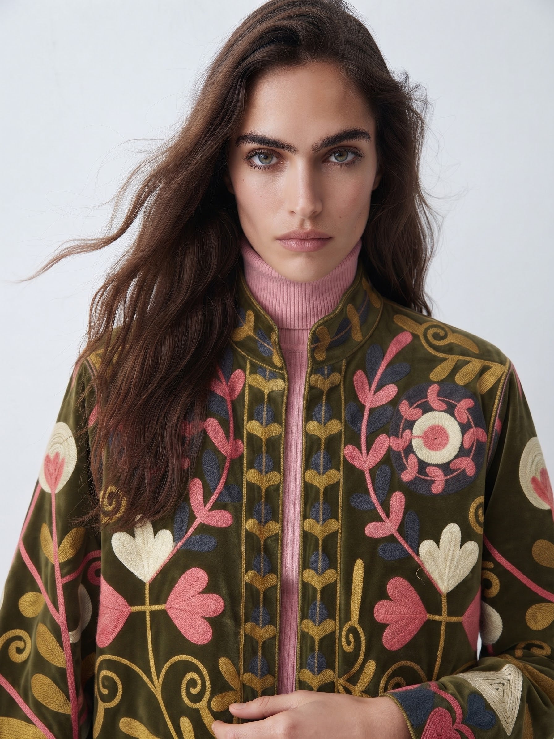 Velvet Embroidered Folk Floral Reversible Jacket with Pockets - Olive& pink