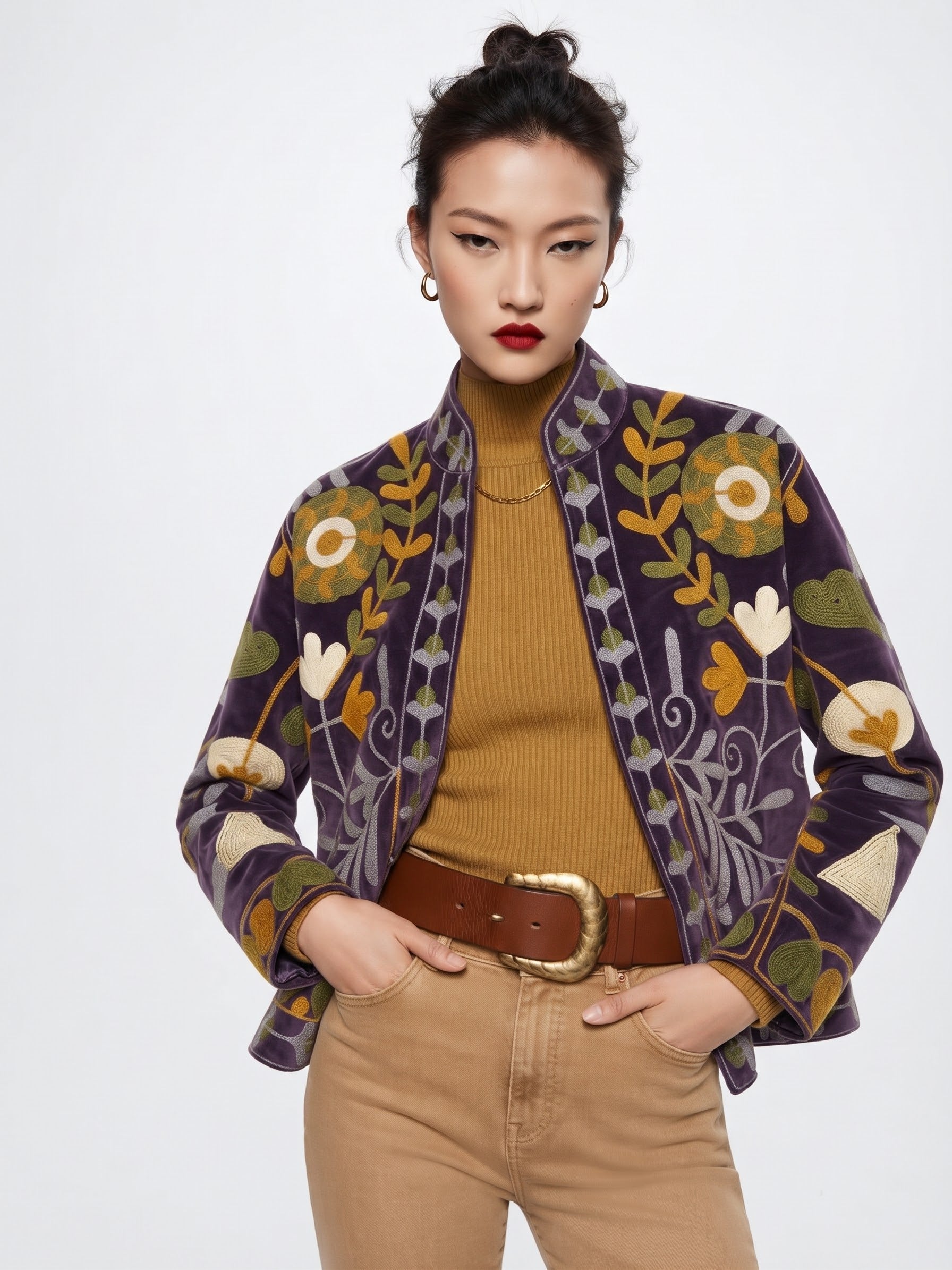 Velvet Embroidered Folk Floral Reversible Jacket with Pockets - Purple
