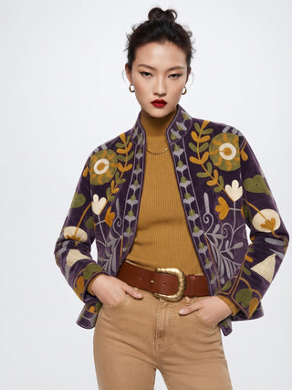 Velvet Embroidered Folk Floral Reversible Jacket with Pockets - Purple