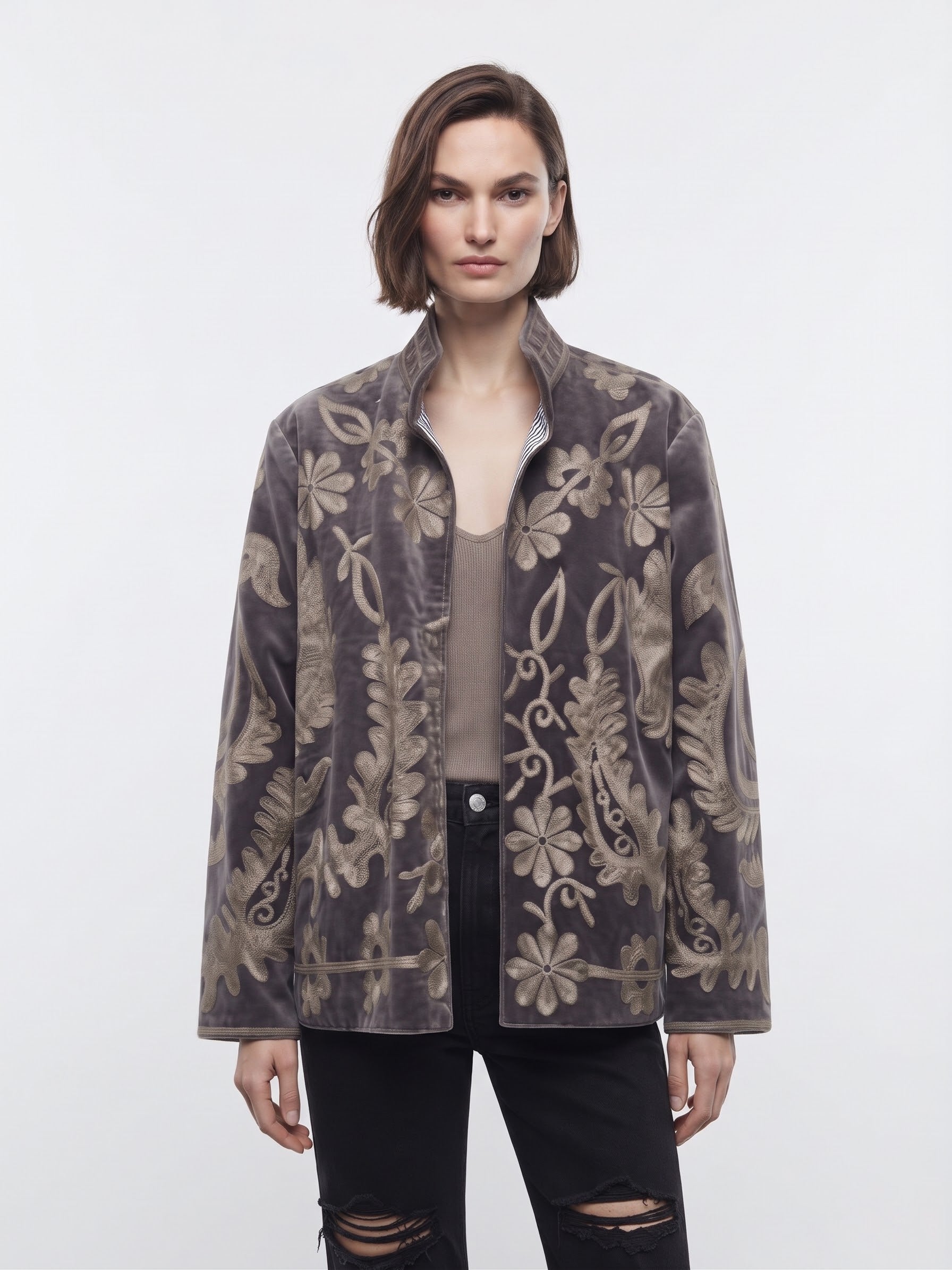 Velvet Embroidered Folk Floral Reversible Jacket with Pockets - Taupe