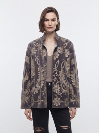 Velvet Embroidered Folk Floral Reversible Jacket with Pockets - Taupe