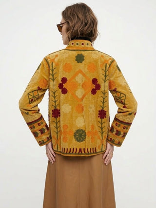 Velvet Embroidered Folk Floral Reversible Jacket with Pockets- Mustard