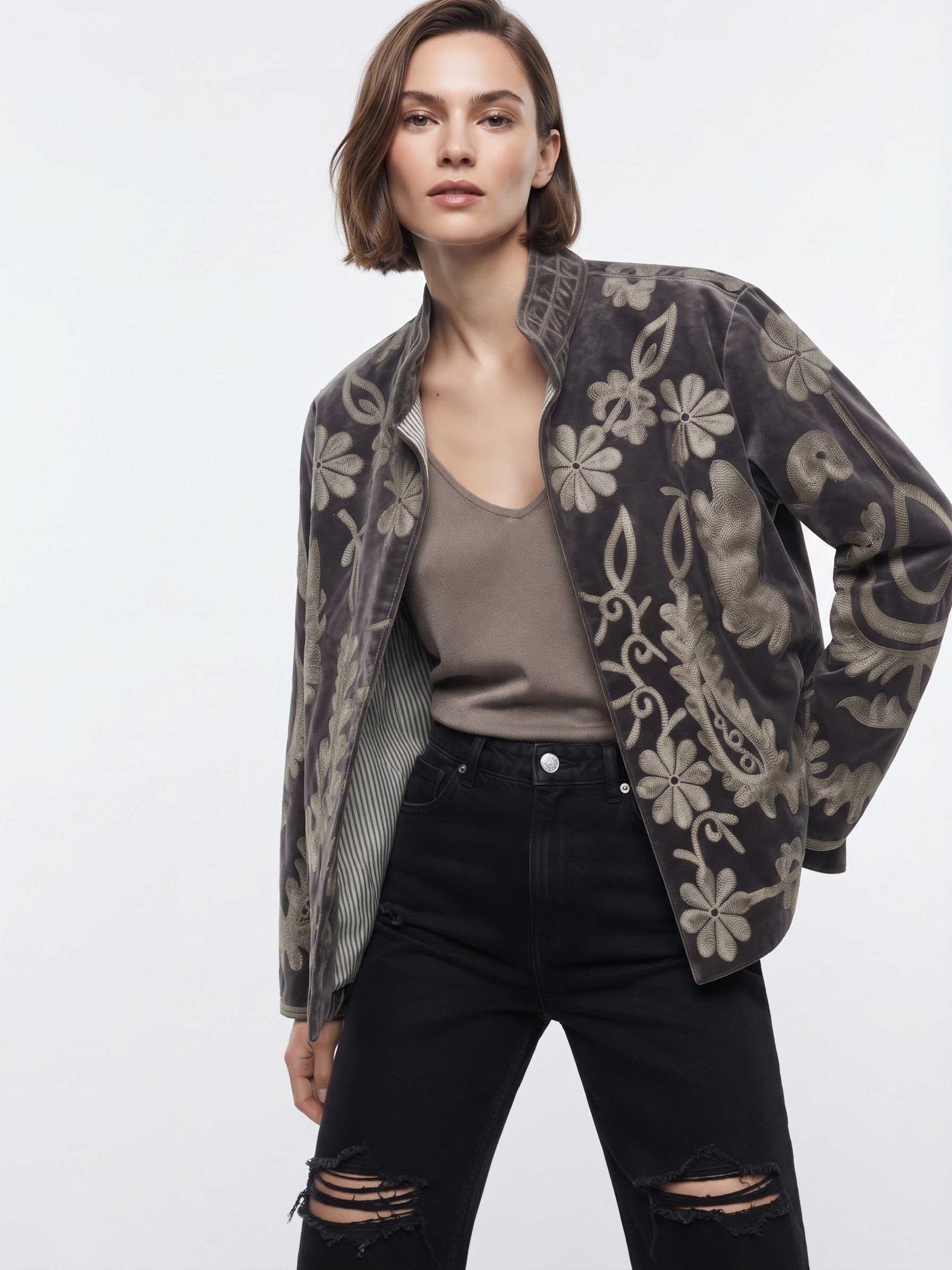 Velvet Embroidered Folk Floral Reversible Jacket with Pockets - Taupe