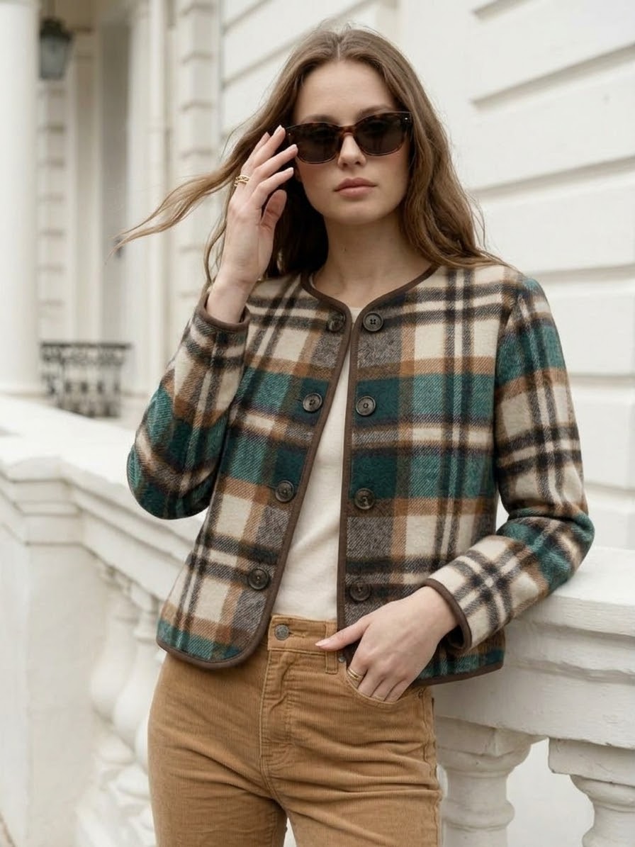 Plaid Collarless Flannel Jacket- Green