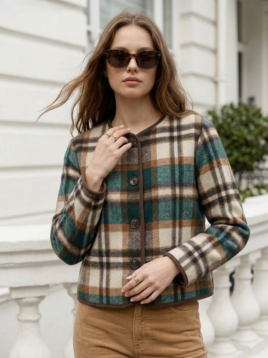 Plaid Collarless Flannel Jacket- Green