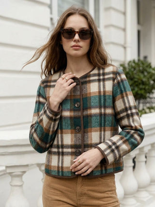 Plaid Collarless Flannel Jacket- Green