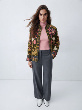 Velvet Embroidered Folk Floral Reversible Jacket with Pockets - Olive& pink