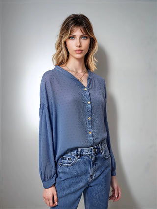 Maya Textured Cotton Button-Down Shirt- Denim- Made in Italy