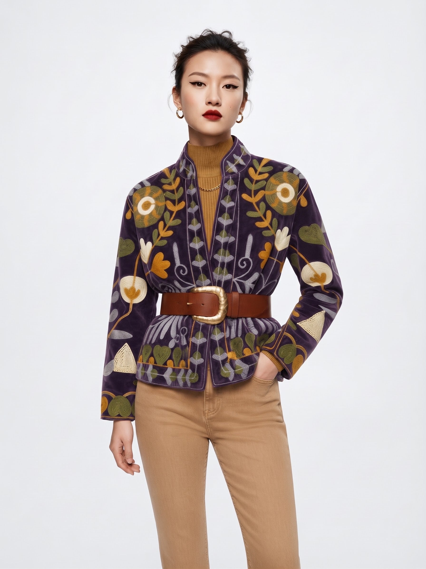Velvet Embroidered Folk Floral Reversible Jacket with Pockets - Purple