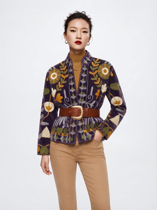 Velvet Embroidered Folk Floral Reversible Jacket with Pockets - Purple