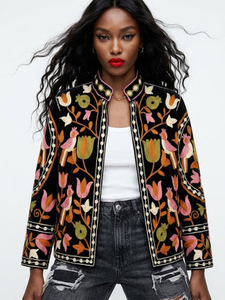 Velvet Embroidered Bird & Floral Reversible Jacket with Pockets - Black