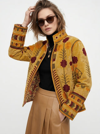 Velvet Embroidered Folk Floral Reversible Jacket with Pockets- Mustard