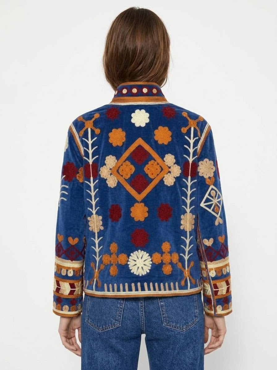 Velvet Embroidered Folk Floral Reversible Jacket with Pockets - Royal Blue
