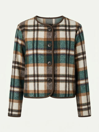 Plaid Collarless Flannel Jacket- Green