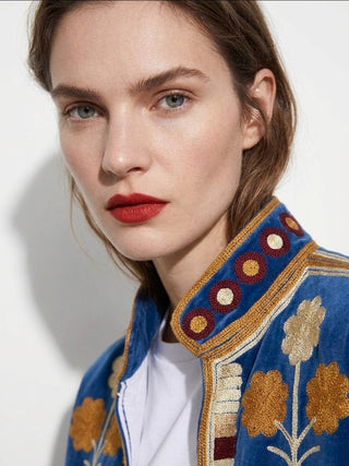 Velvet Embroidered Folk Floral Reversible Jacket with Pockets - Royal Blue
