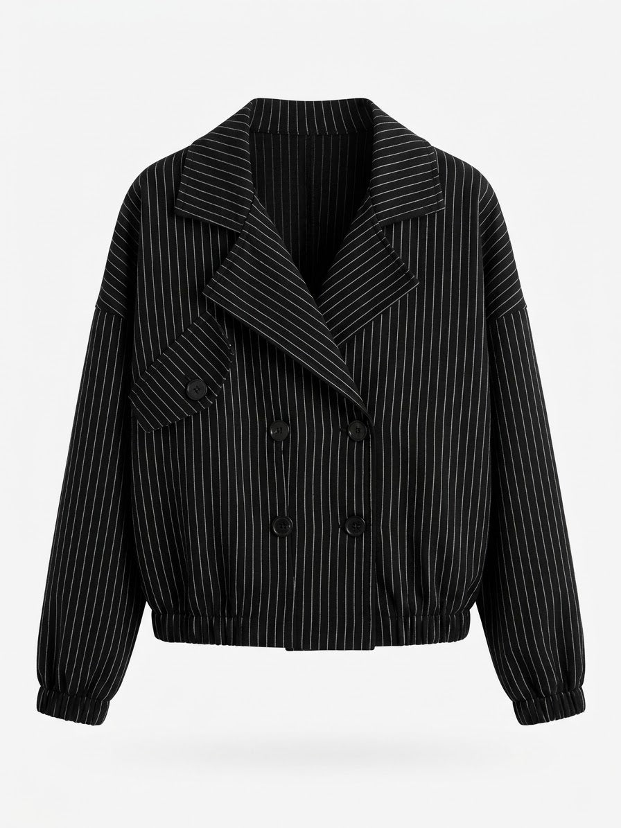 Double-Breasted Pinstripe Crop Jacket - Black