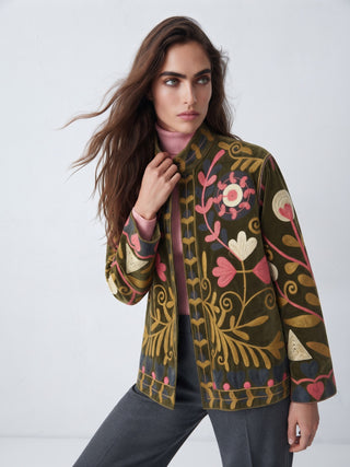 Velvet Embroidered Folk Floral Reversible Jacket with Pockets - Olive& pink