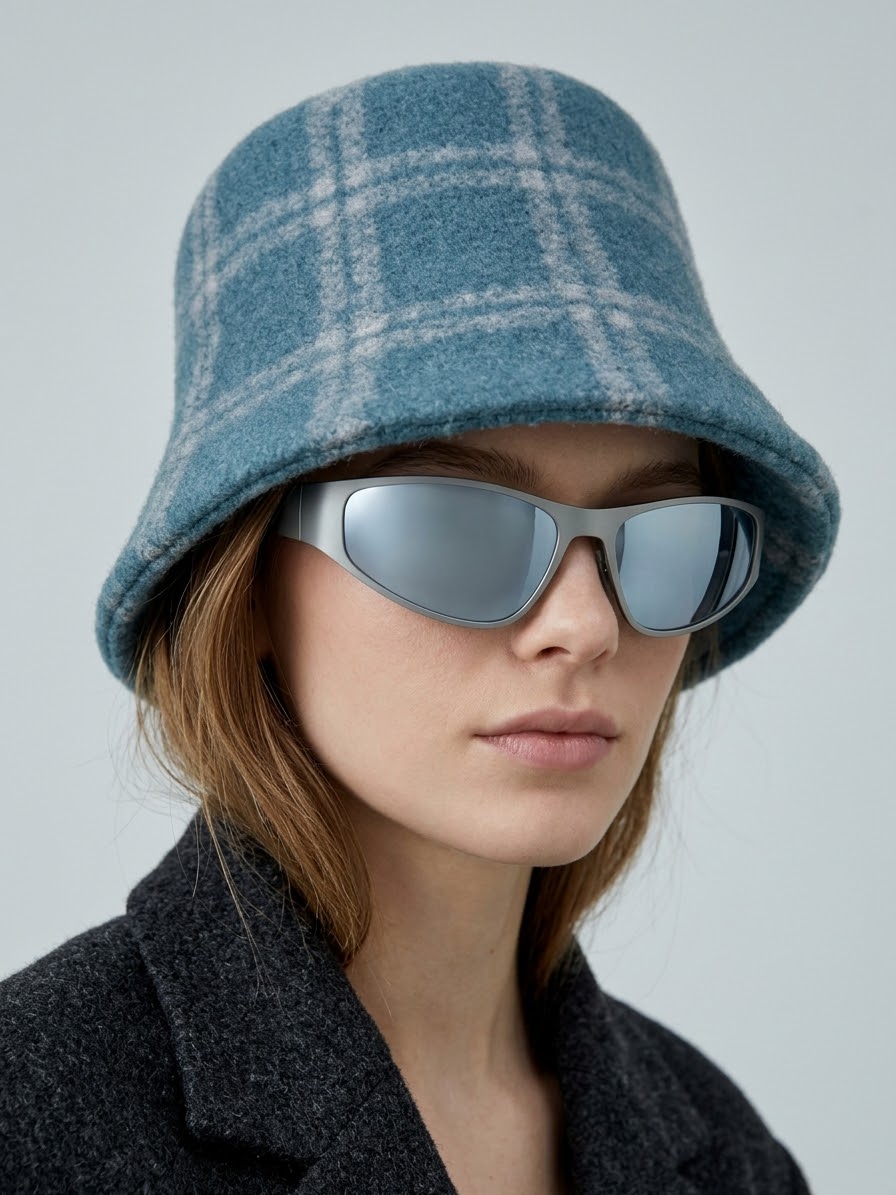 Wool Plaid Bucket Hat -Muted Teal-Blue